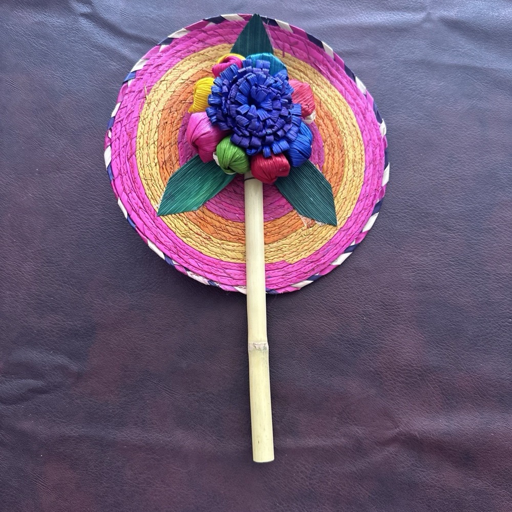Mini Mexican Sombrero Hat w Handle Colorful Woven Straw Fan